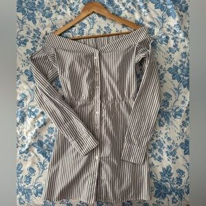 Reformation Blue and White Striped Button-Down off the shoulder Mini Dress